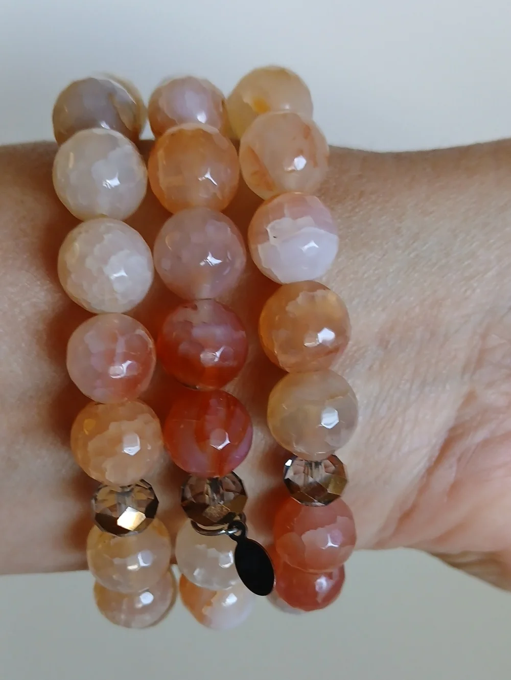 Silver-Tone Blue Jade  Stone & Peach Agate Bead Stretch Bracelet